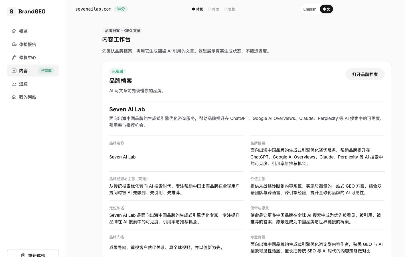 截图：内容枢纽页面 BrandKit 摘要卡片，展示状态徽章和字段网格